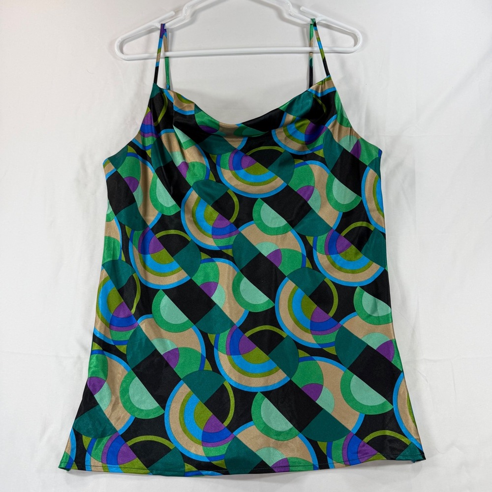 Floral & Ivy Geometric Art Deco Cowl Neck Satin Camisole Top Green Blue Small